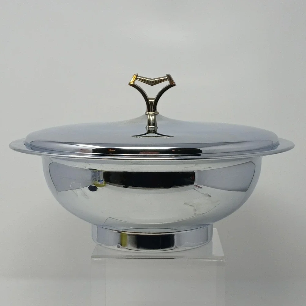Vtg Kromex Chrome Silver Tone Round Lidded Party Serving Dish 1960s Made In USA